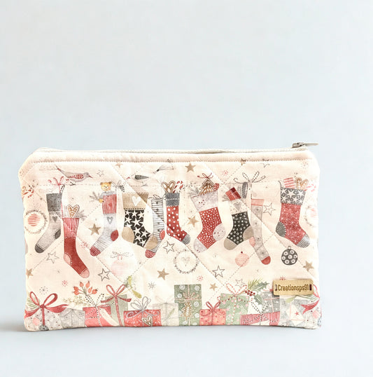 Stocking & Presents Quilted Zipper Pouch: 100% Cotton