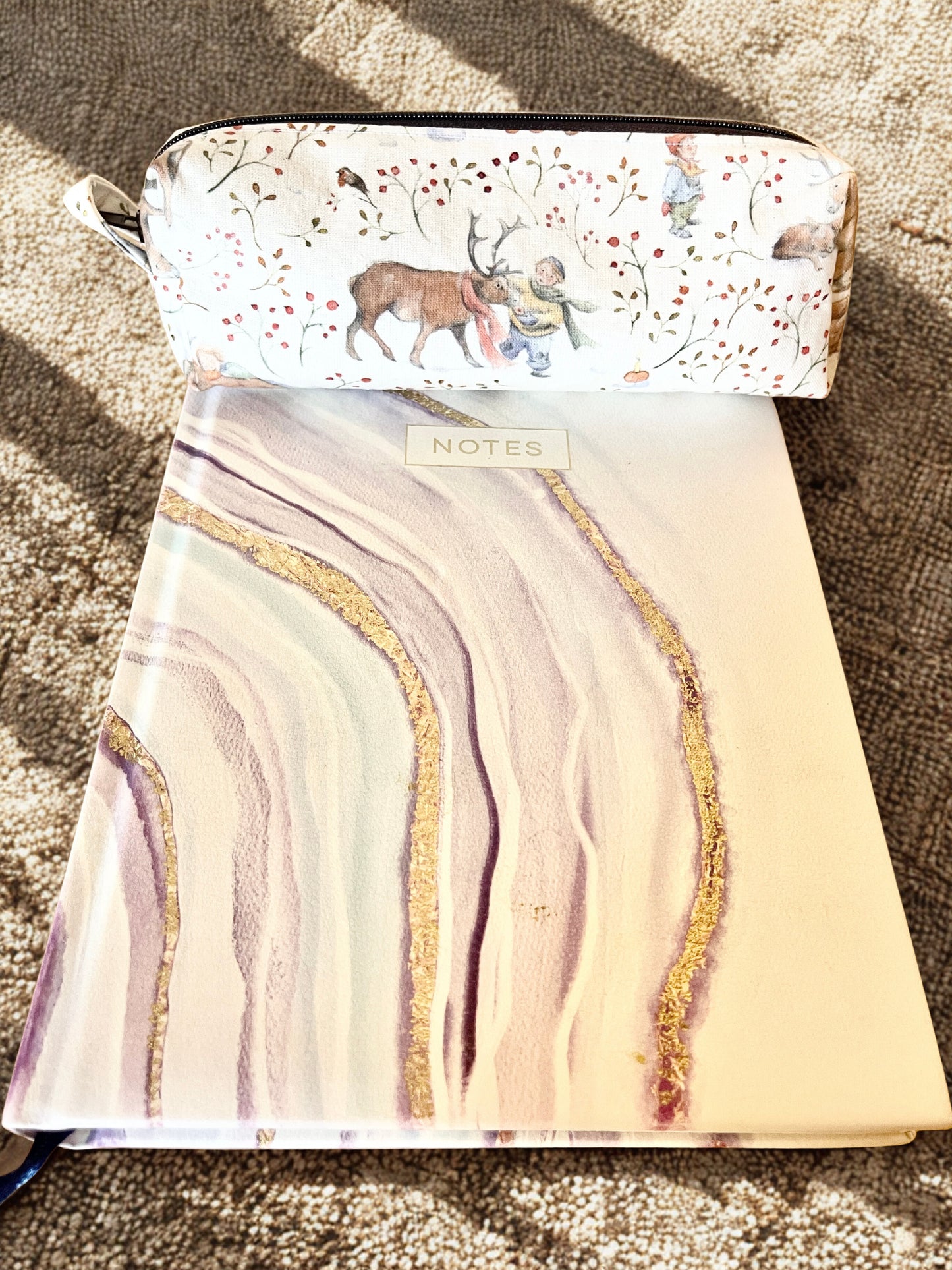 Cotton Pencil Zipper Pouch: Reindeer & Children Motif