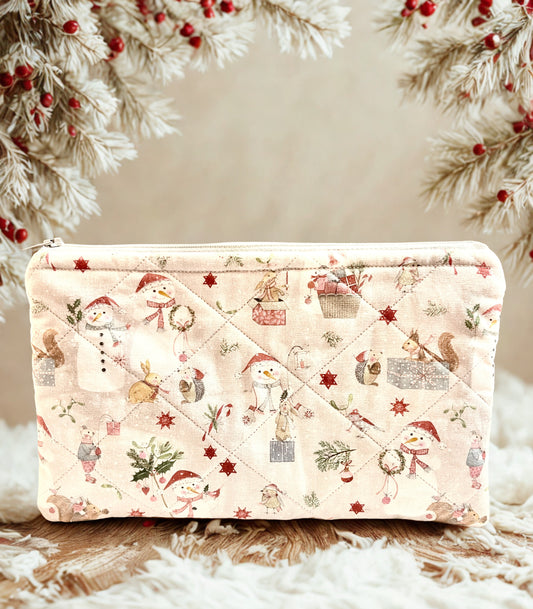 Quilted Zipper Pouch: Snowman & Friends Motif