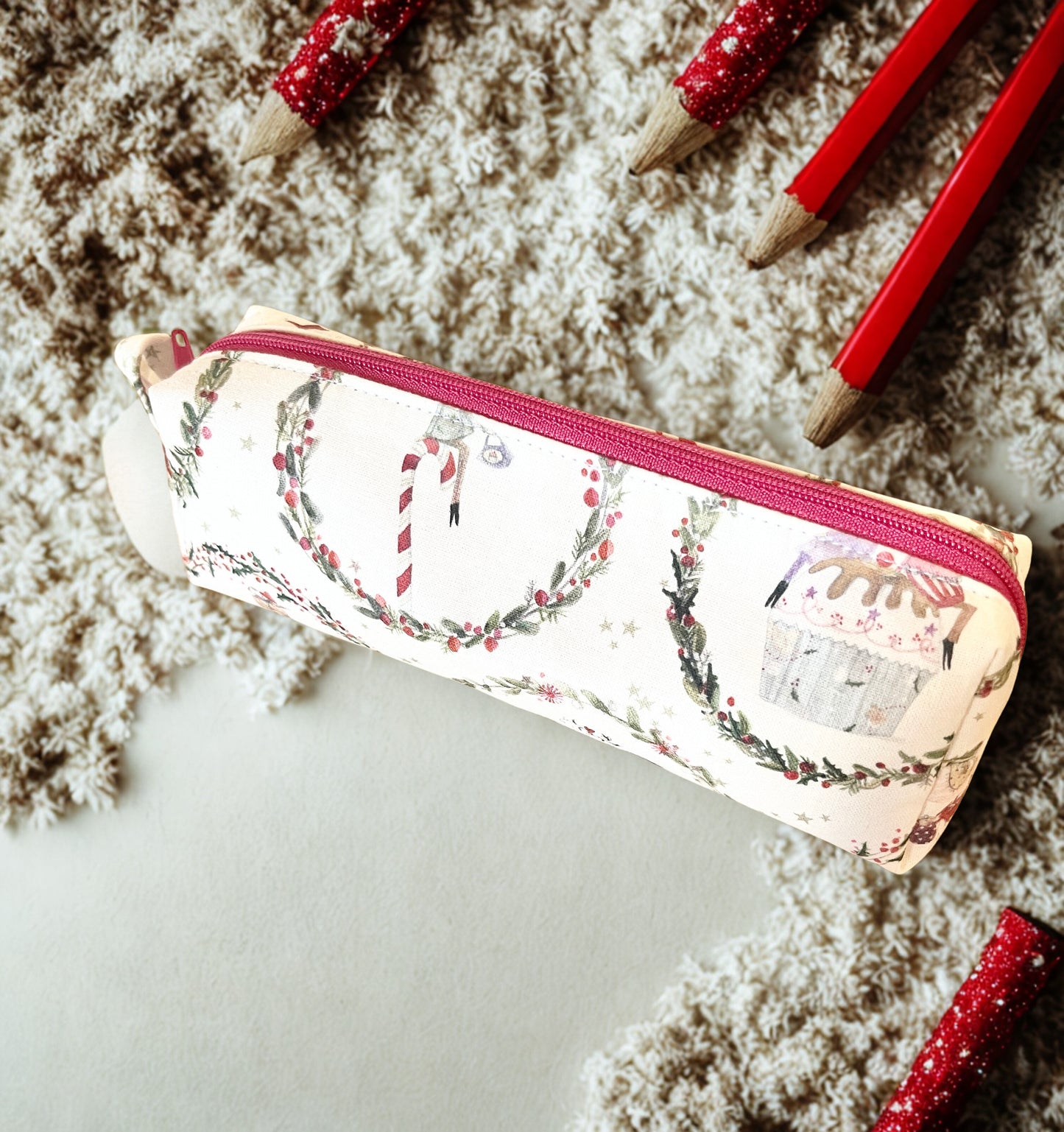 Fairy Christmas Pencil Pouch: Fuchsia Zippered Cotton Case