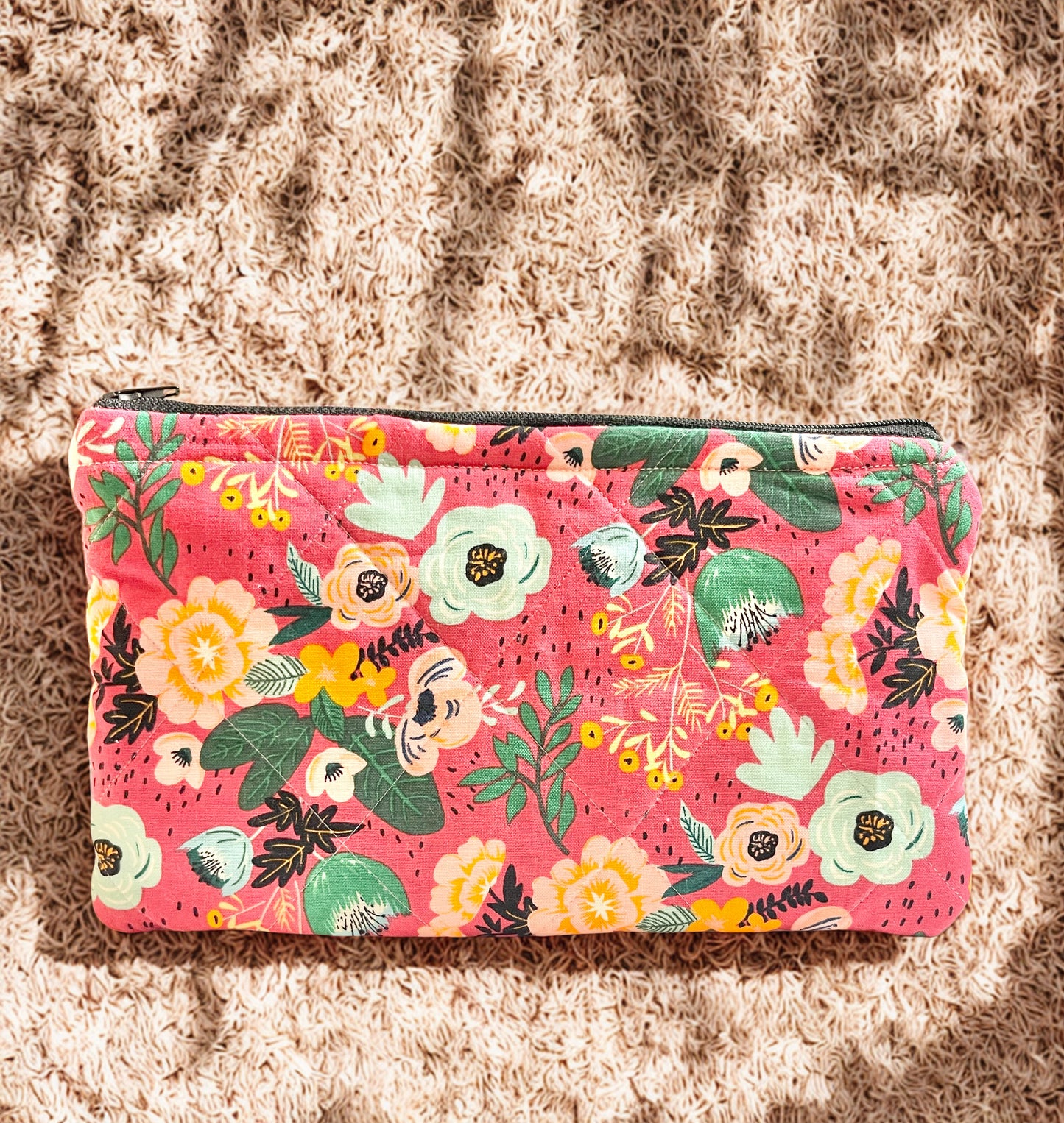 Quilted Zipper Pouch: Floral Cotton Cosmetic Bag