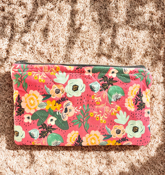 Quilted Zipper Pouch: Floral Cotton Cosmetic Bag