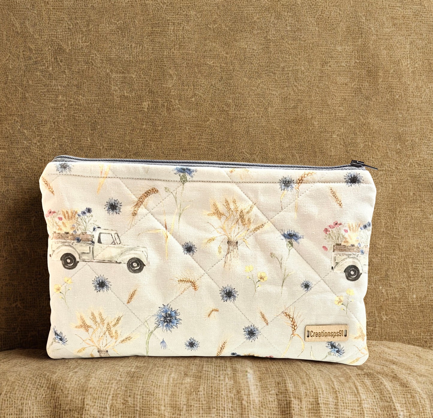 Quilted Zipper Pouch: Truck and Foral Design