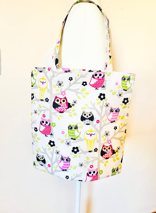 Cotton Canvas Tote Bag: Multi-Color Owls Print
