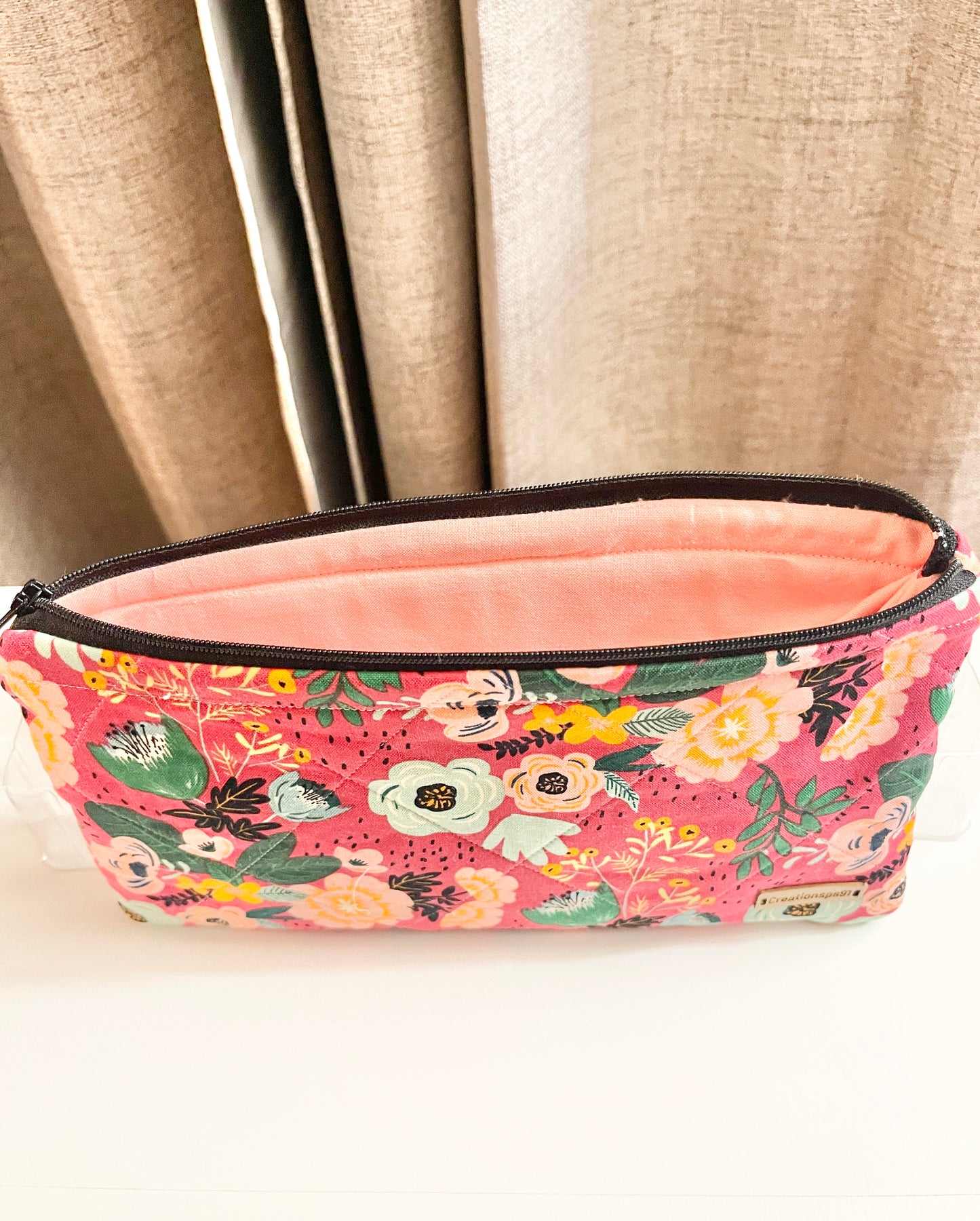 Quilted Zipper Pouch: Floral Cotton Cosmetic Bag