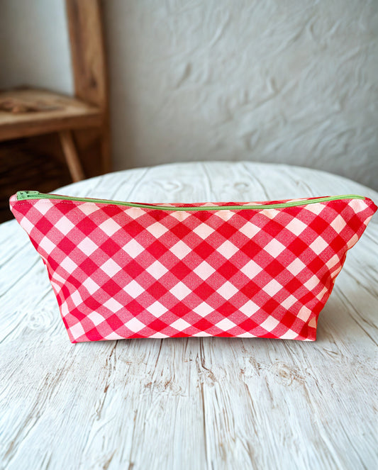 Red Gingham Zipper Pouch: Long Cotton Cosmetic Bag