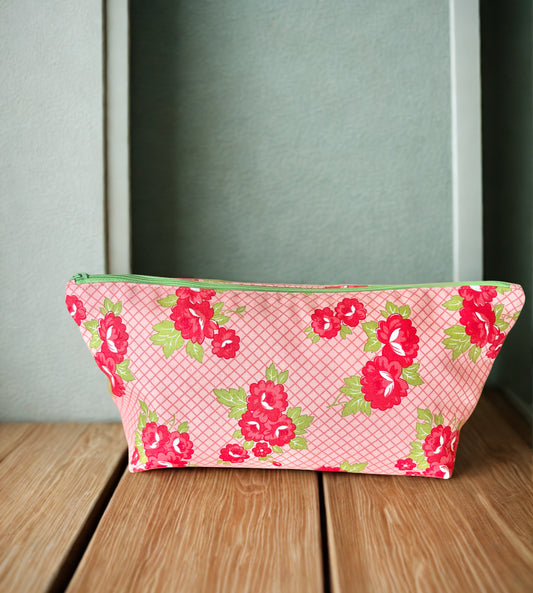 Floral Cotton Zipper Pouch: Lime Green Accent