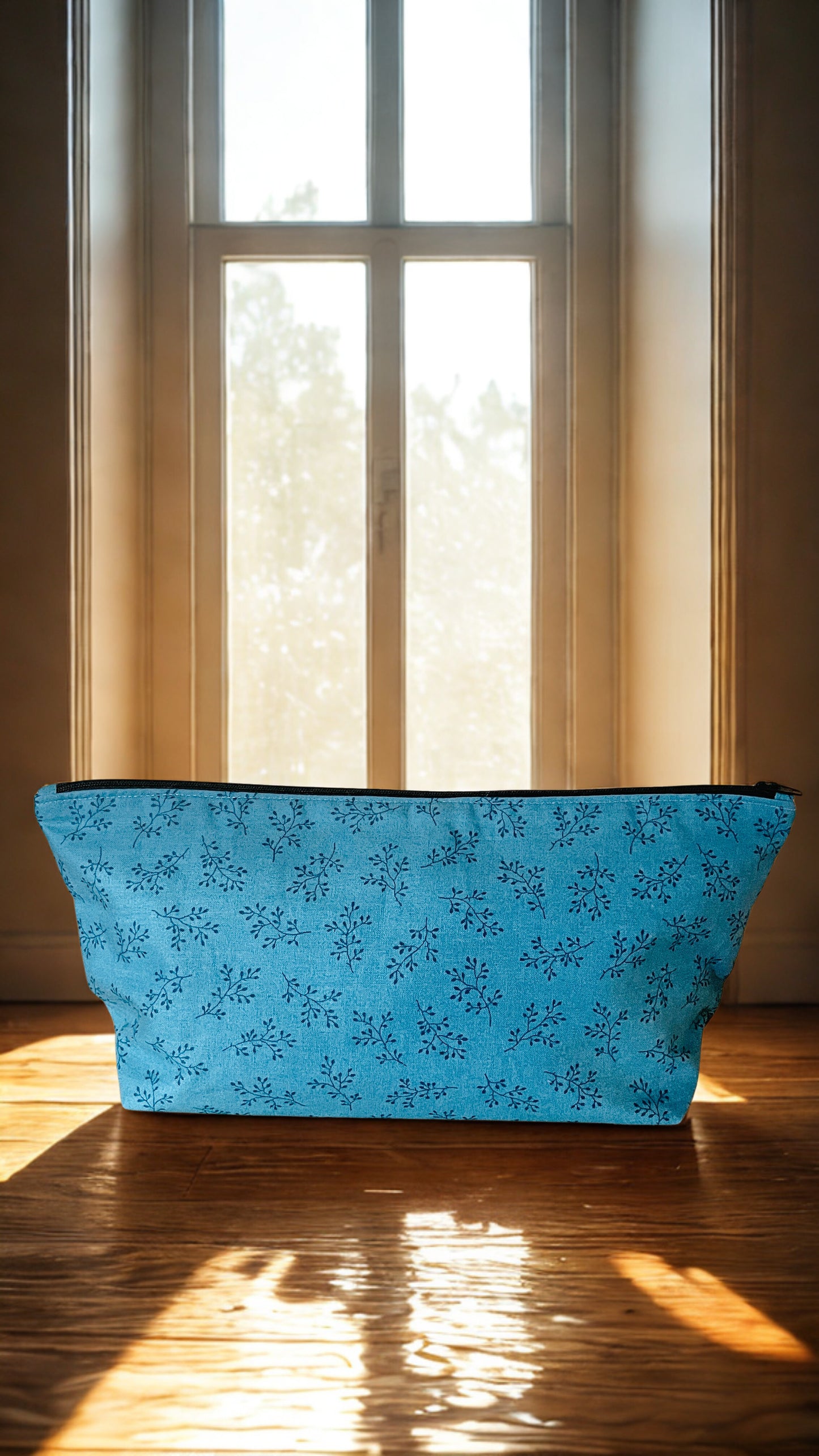 Floral Cotton Zipper Pouch: Long Travel Cosmetic Bag