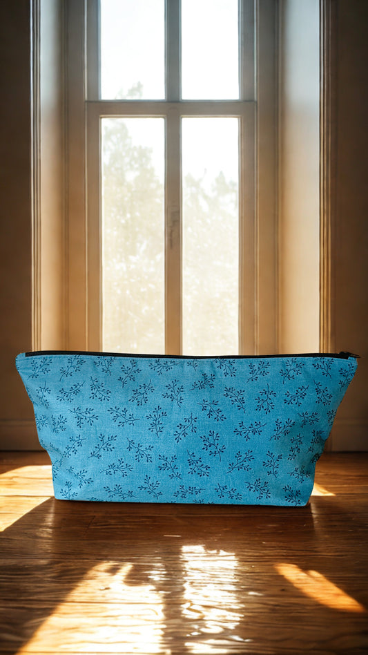 Floral Cotton Zipper Pouch: Long Travel Cosmetic Bag