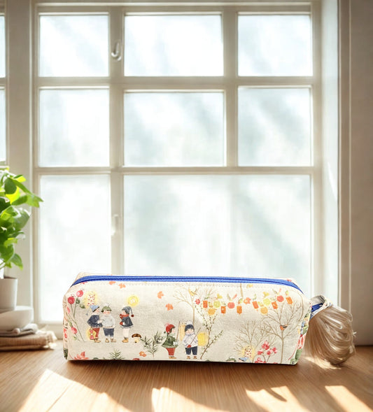 Cotton Pencil Pouch:Lantern & Children Motif