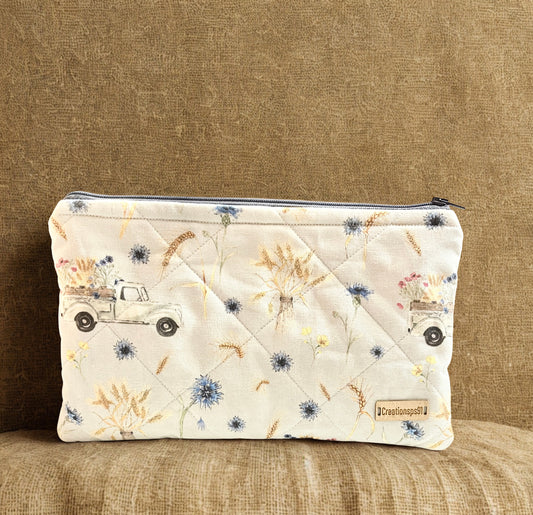 Quilted Zipper Pouch: Truck and Foral Design