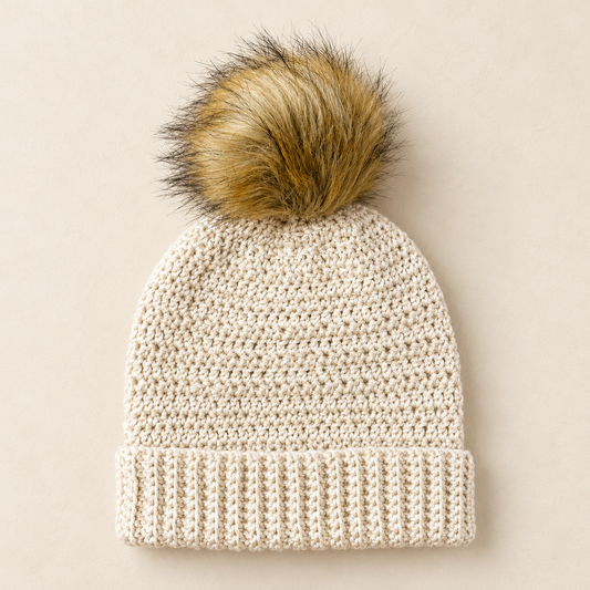 A cream-colored chunky knit beanie with a large brown and black faux fur pom-pom, displayed flat against a light beige background.