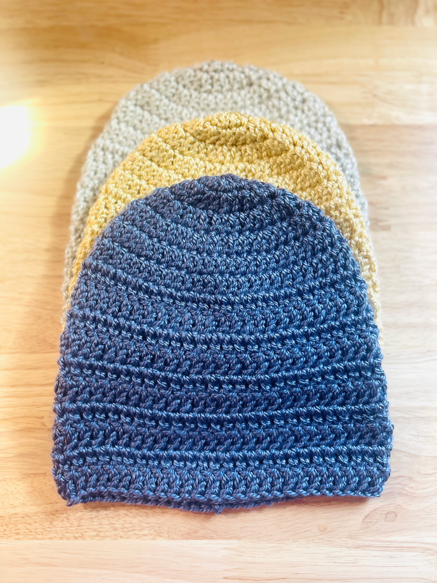 handmade toddler beanie, crafted with care for comfort style , 100% Premium Acrylic Yarn, Circumference 16" without stretch 8" long , colors: blue, yellow, light gray