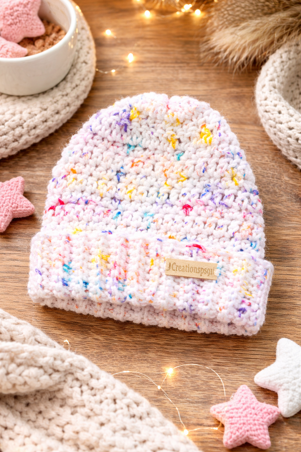 Colorful crocheted beanie  on a wooden surface with decorative elements.