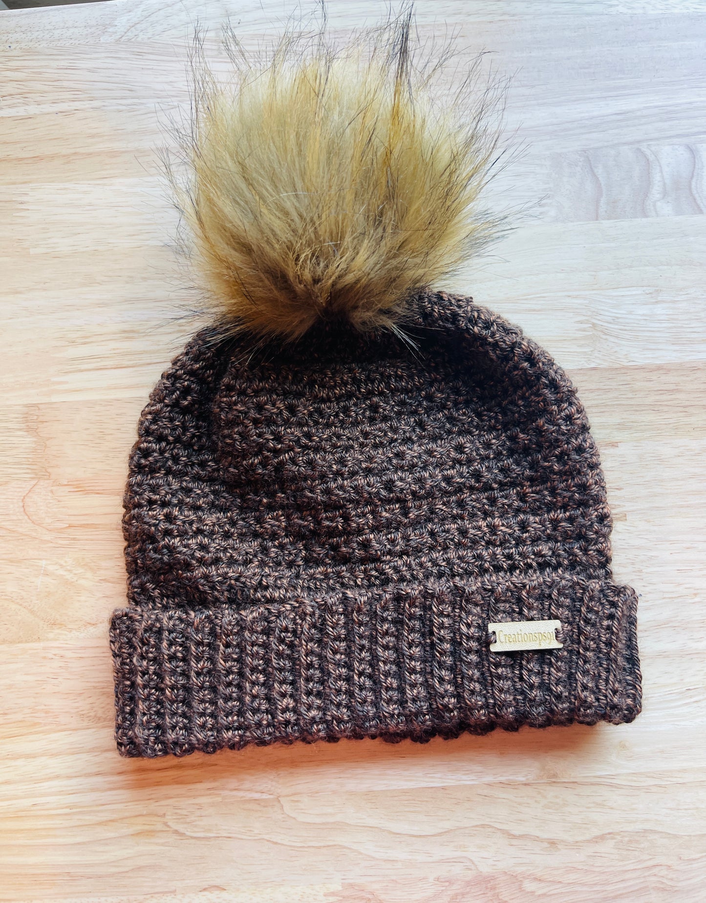 Handmade women beanie with detachable  pom pom brown with copper highlights 