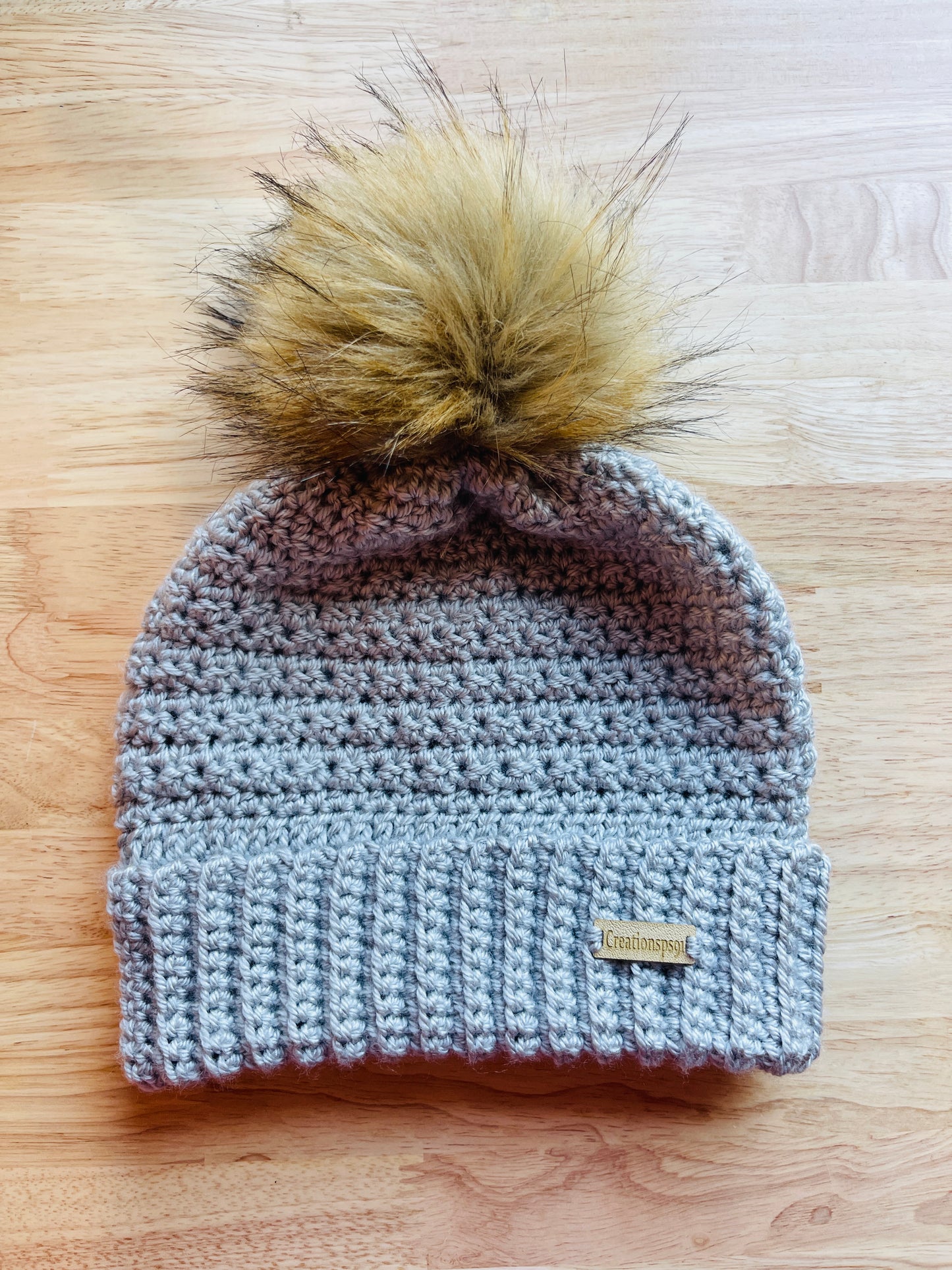 Handmade women beanie with detachable  pom pom light gray