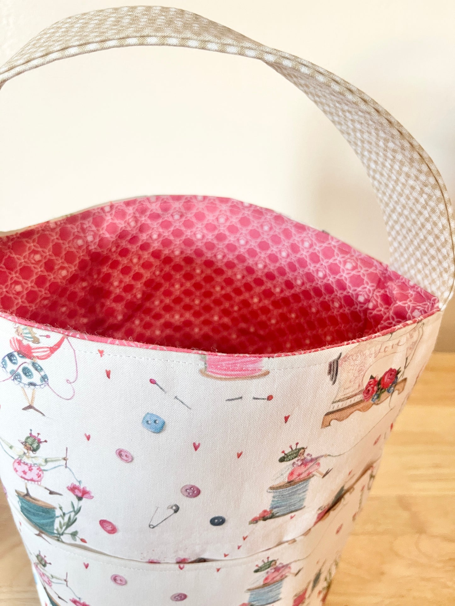 Cotton Bucket Tote Bag: Sewing Room Elf Motif
