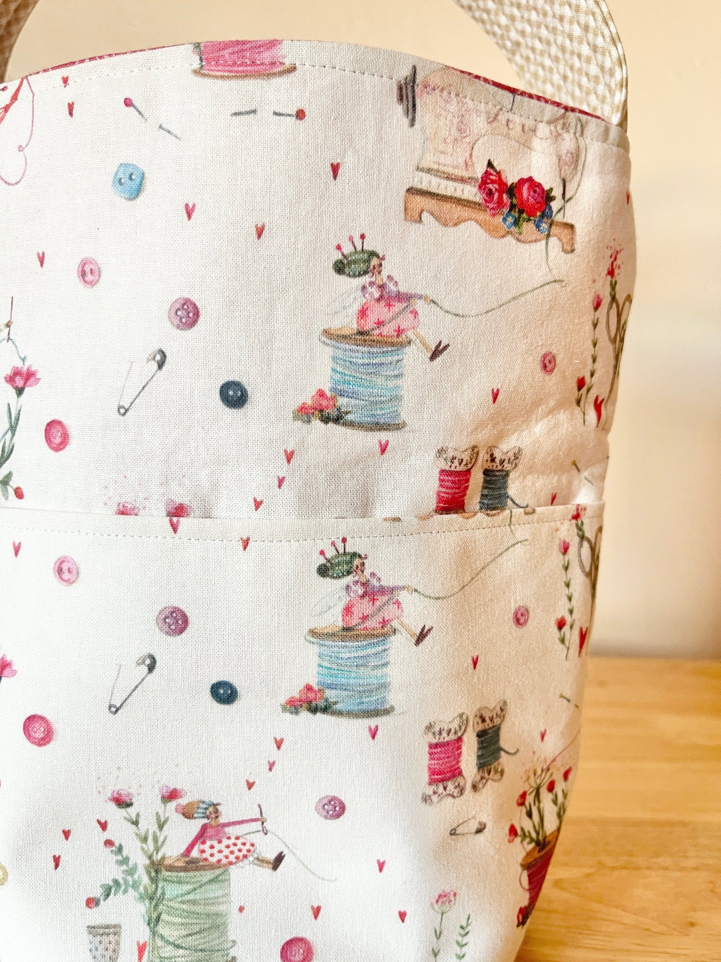 Cotton Bucket Tote Bag: Sewing Room Elf Motif