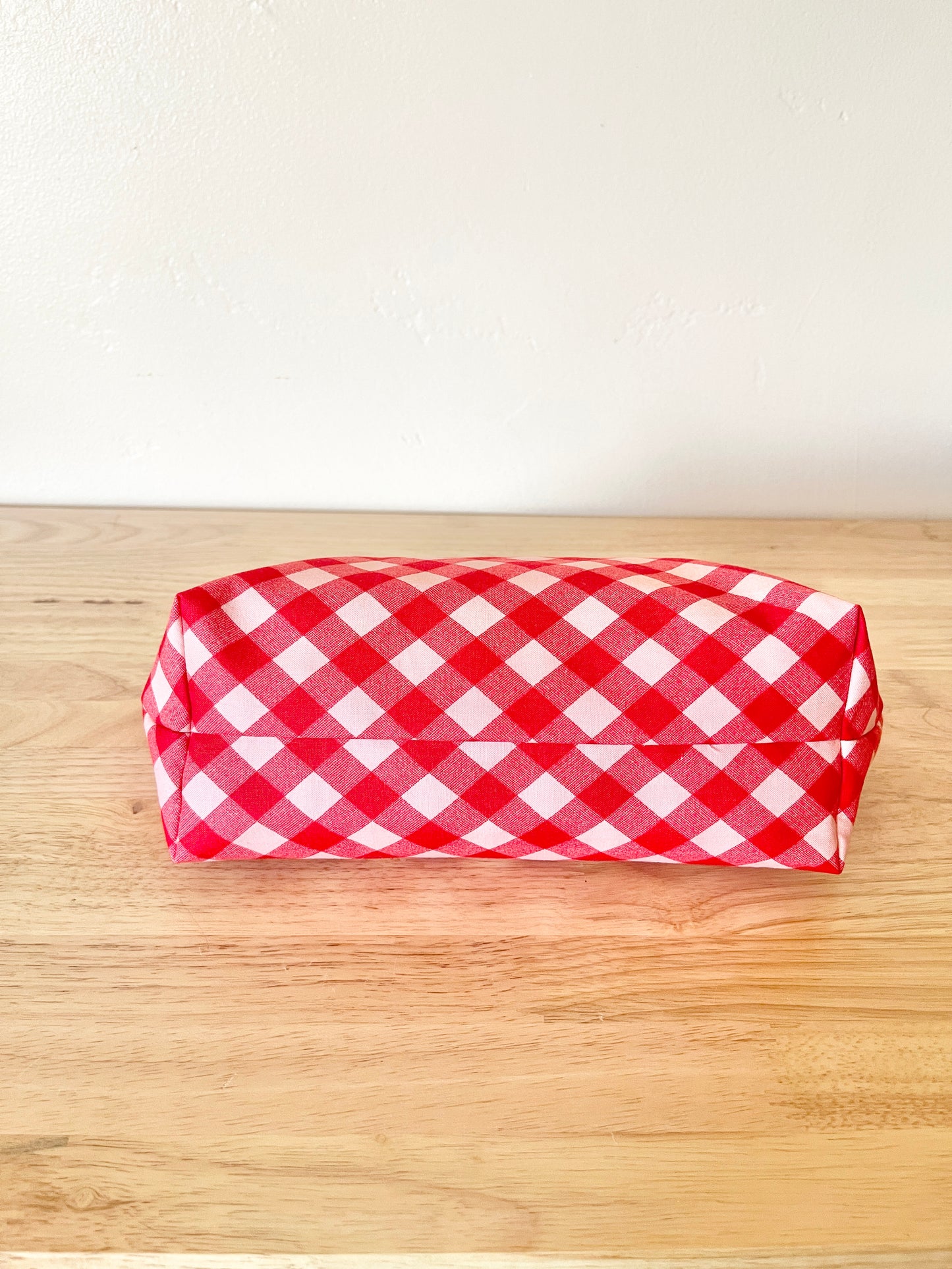 Red Gingham Zipper Pouch: Long Cotton Cosmetic Bag
