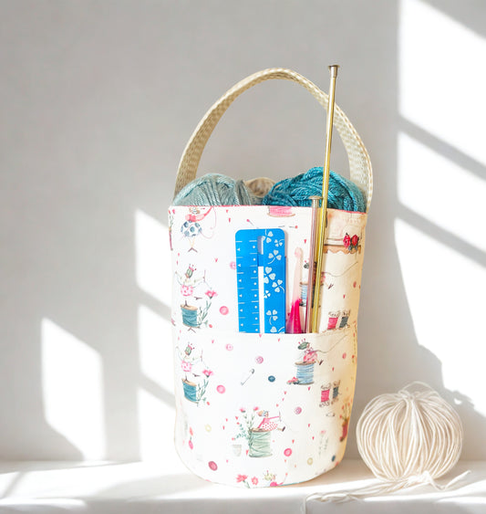 Cotton Bucket Tote Bag: Sewing Room Elf Motif