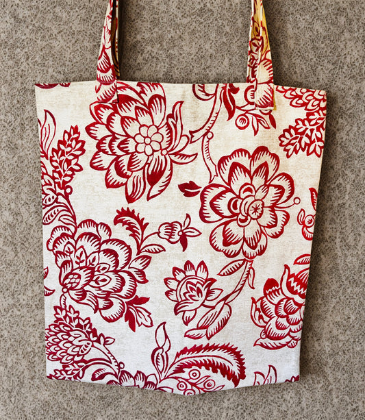 Cotton Canvas Tote Bag: Red Floral Print
